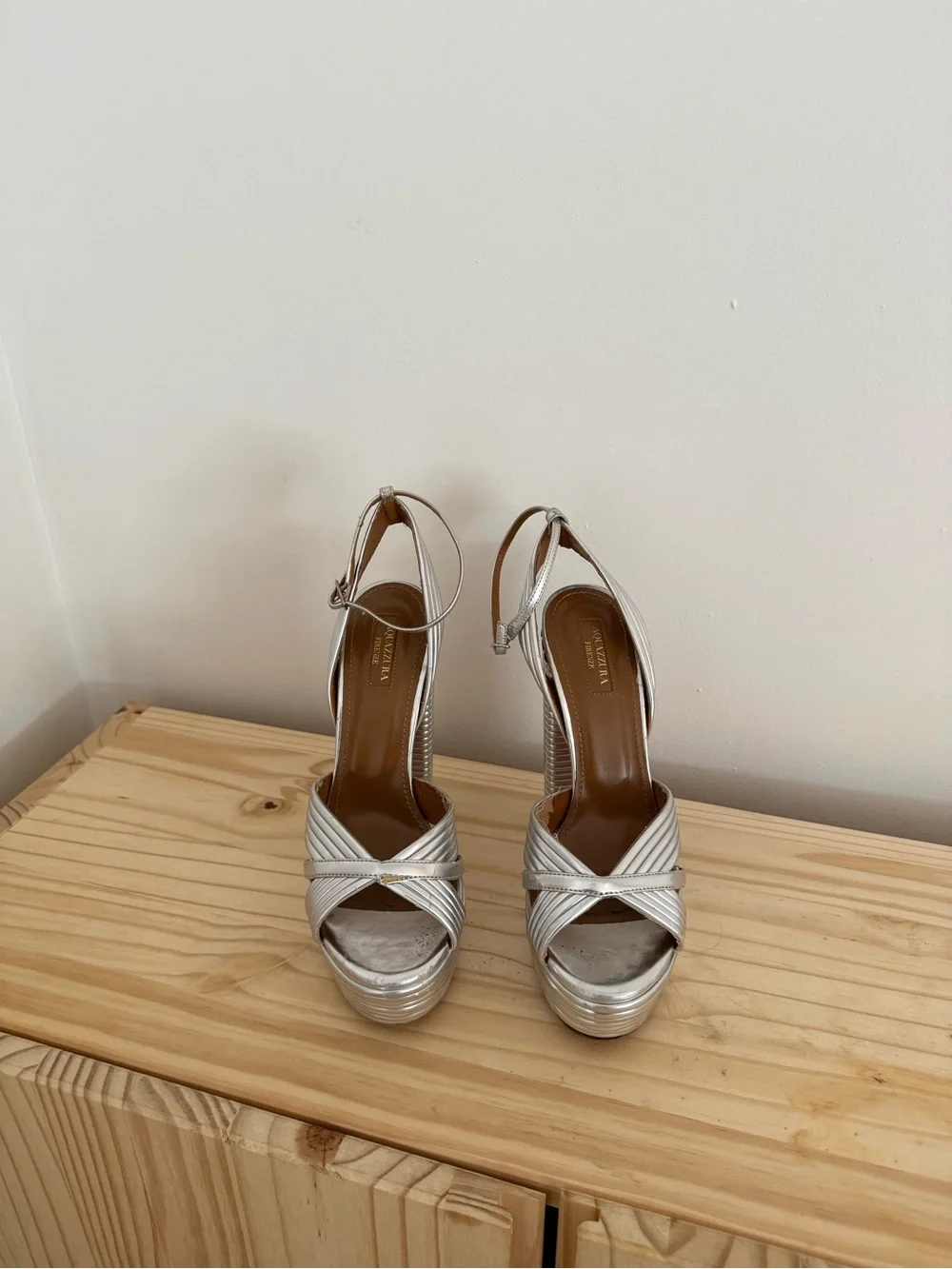 Aquazzura Metallic Silver Platform Sandal with Ankle Strap
